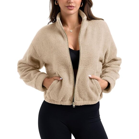 Women Zip Up Fleece Sherpa Jacket Coat Warm Cropped Casual Workout - Picture 2 of 7